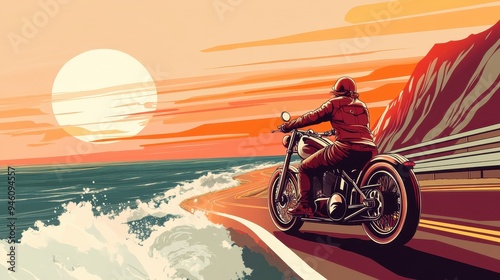 A traveler rides a motorcycle along a coastal road, admiring the stunning sunset and ocean waves crashing against the shore