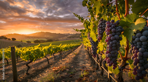 grapes and vineyard, landscape with sunlight poster	