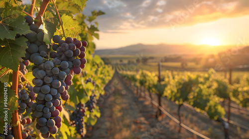 grapes and vineyard, landscape with sunlight poster	