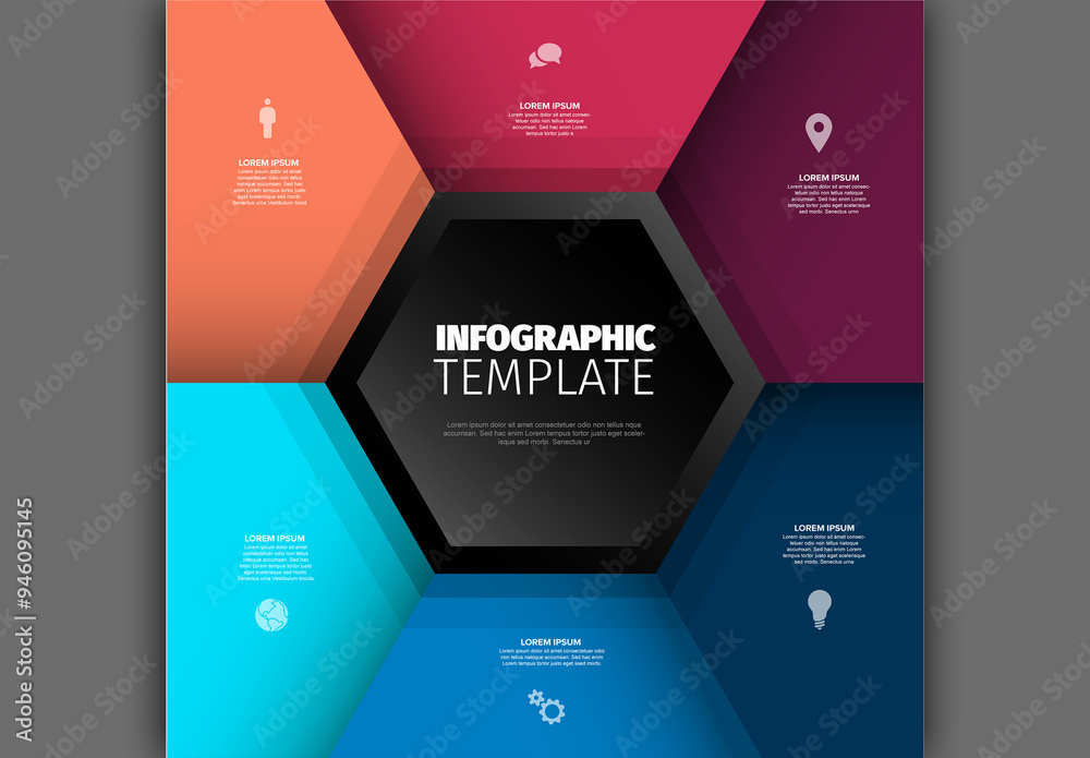 Multipurpose red and blue template with six sections and big hexagon in