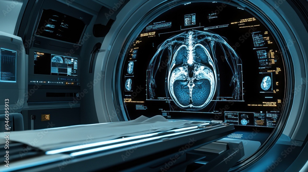 Futuristic MRI Scan Room with Brain Image Futuristic MRI Scan Room with Brain Image