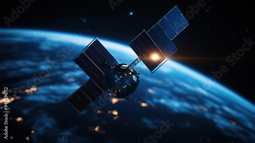 A satellite is flying over the Earth at night. The satellite is black and has a bright light on it photo