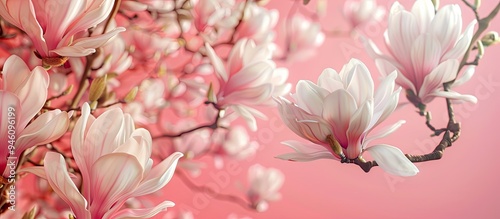 Magnolia Blooms on pink. Copy space image. Place for adding text and design