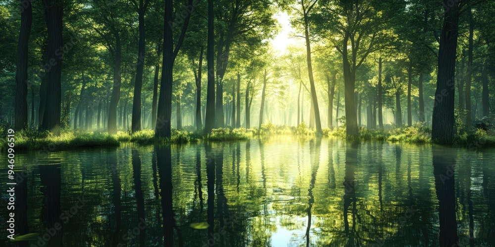 Trees reflected in a misty lake. Trees reflected in a misty lake.
