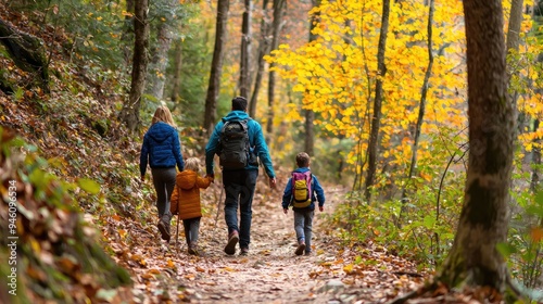 A family hiking along a winding path in a forest, surrounded by autumn-colored leaves and nature.