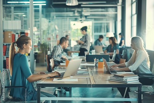 Modern office space with large windows for natural light. Desks in rows create organized workspace. People work on laptops, read papers, type, plan strategy.