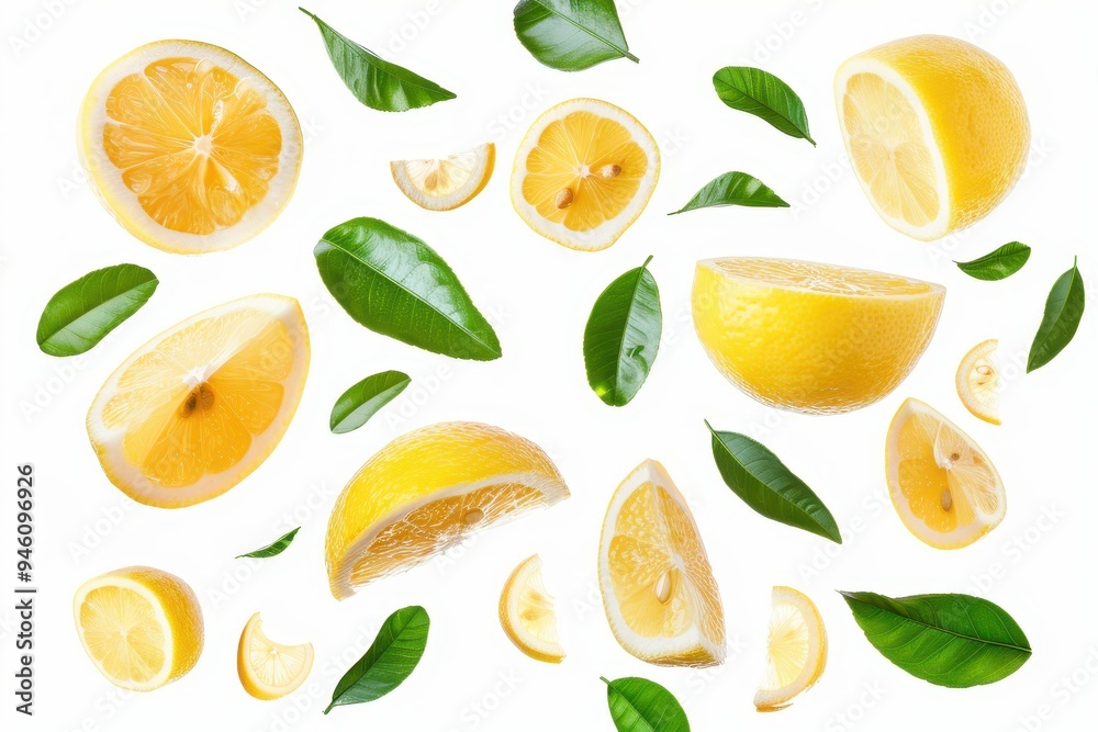 Lemon with leaves sliced flying on white background