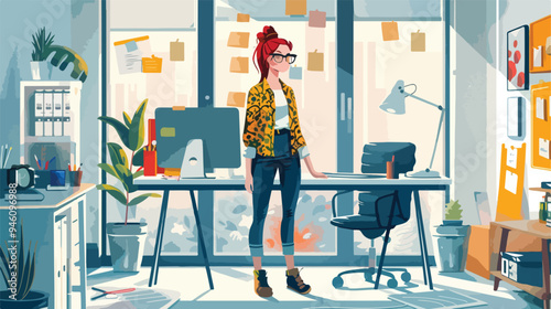 Hipster Girl in Office Mixed Media Flat Vector Isolated