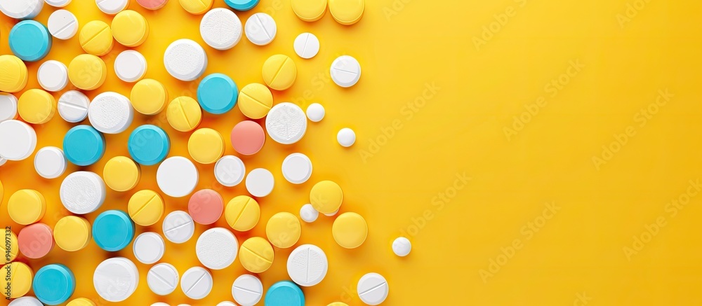 Round white and colorful tablets arranged abstractly on a yellow background Bottle and capsule pills for design purposes Health treatment and healthy lifestyle choice concept Copyspace advertisement Round white and colorful tablets arranged abstractly on a yellow background Bottle and capsule pills for design purposes Health treatment and healthy lifestyle choice concept Copyspace advertisement