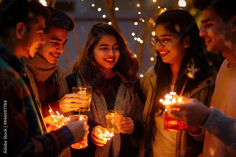 Young friends celebrate New Year Eve with bengal lights and glasses of champagne. Winter holiday party atmosphere with luxury decorations and joyful expressions. Young friends celebrate New Year Eve with bengal lights and glasses of champagne. Winter holiday party atmosphere with luxury decorations and joyful expressions.