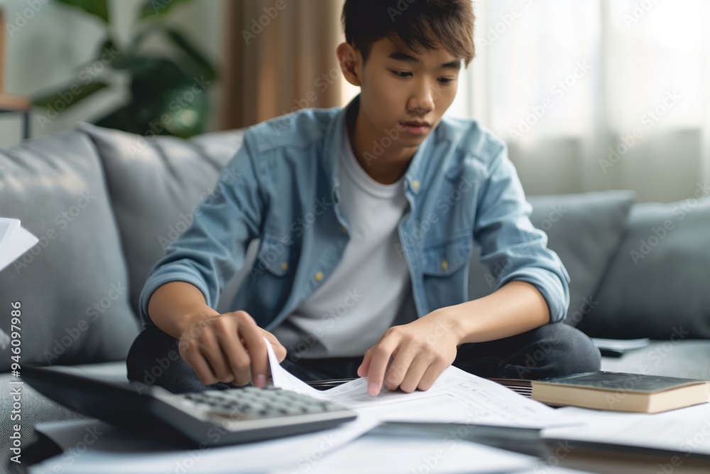 Young Asian man sits on couch, stressed, frustrated as calculates expenses on table in front of. Surrounded by papers, bills, financial documents. Looks worried about paying mortgage loan. Young Asian man sits on couch, stressed, frustrated as calculates expenses on table in front of. Surrounded by papers, bills, financial documents. Looks worried about paying mortgage loan.
