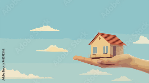 House and Human Hand Against Blue Sky Flat Vector Illustration