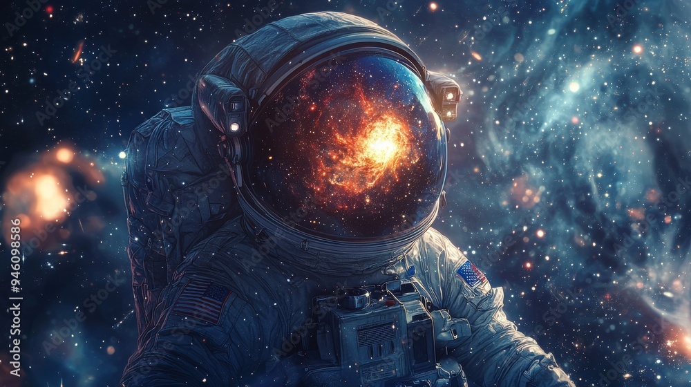An astronaut floating in space with a galaxy reflected in their visor, surrounded by swirling stars and cosmic dust, captured in a detailed anime aesthetic An astronaut floating in space with a galaxy reflected in their visor, surrounded by swirling stars and cosmic dust, captured in a detailed anime aesthetic