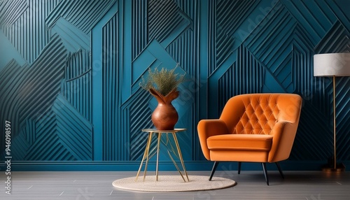 Retro scene with geometric pattern on blue wall and orange velvet armchair.