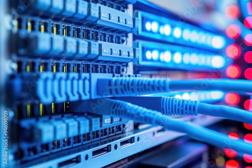 Network switch with multiple ethernet cables connected in a data center concept setup. Various wires and ports visible for high-speed connection and communication.