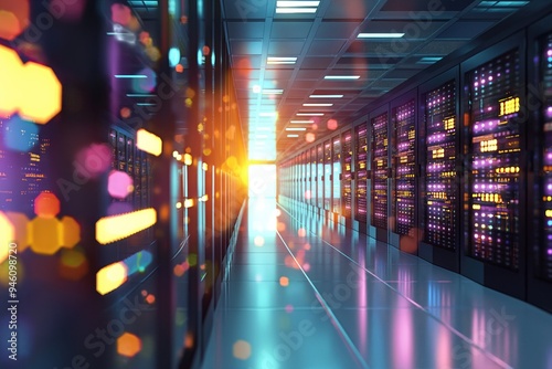 Bright bokeh light illuminates the server room in a data center. Rows of servers and networking equipment line the corridor. Modern technology and storage systems are on display. photo