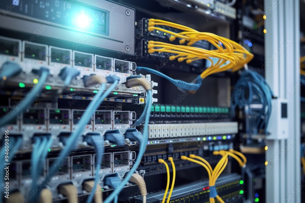 Optical fiber cables and equipment in a modern data center. Blue-colored network infrastructure. High-speed connection hub for computer servers and telecom networks. Optical fiber cables and equipment in a modern data center. Blue-colored network infrastructure. High-speed connection hub for computer servers and telecom networks.