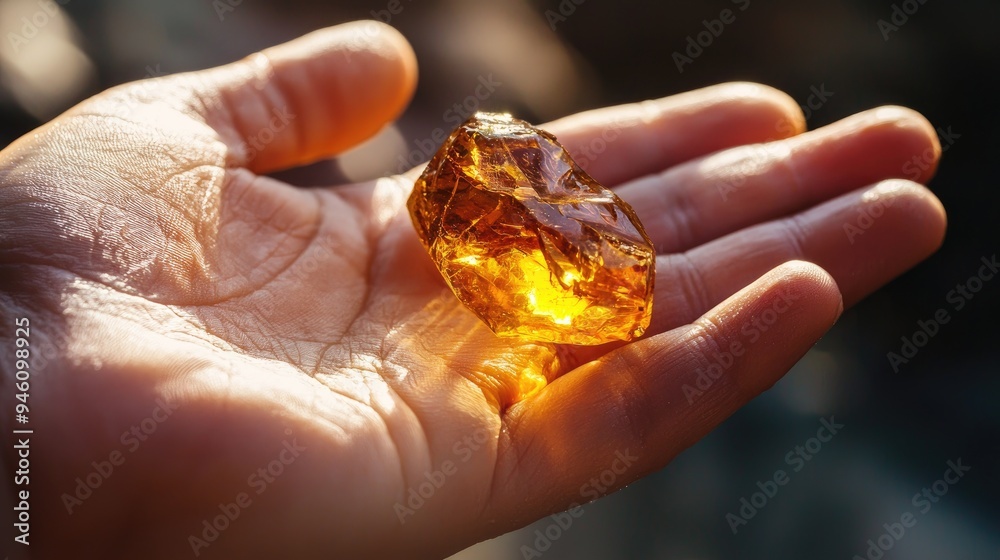 A hand holding a small amber fossil, with light reflecting off its translucent surface. A hand holding a small amber fossil, with light reflecting off its translucent surface.