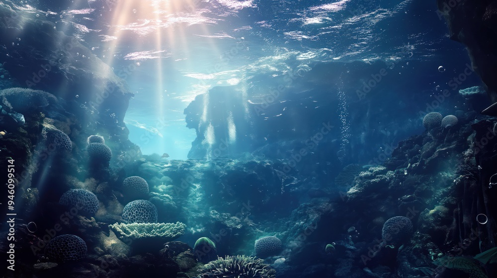 Vibrant underwater scene of coral reef with intricate branches and crevices housing marine life. Sunlight filters through the water, casting warm glow on surrounding environment. Vibrant underwater scene of coral reef with intricate branches and crevices housing marine life. Sunlight filters through the water, casting warm glow on surrounding environment.