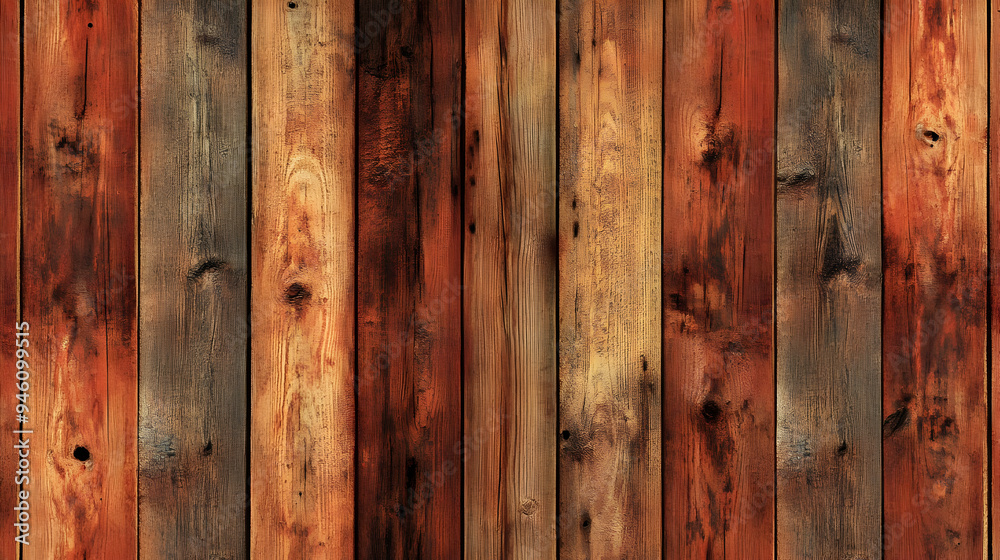 Rustic wooden wall texture with vertical planks of different colors and knots. Rustic wooden wall texture with vertical planks of different colors and knots.