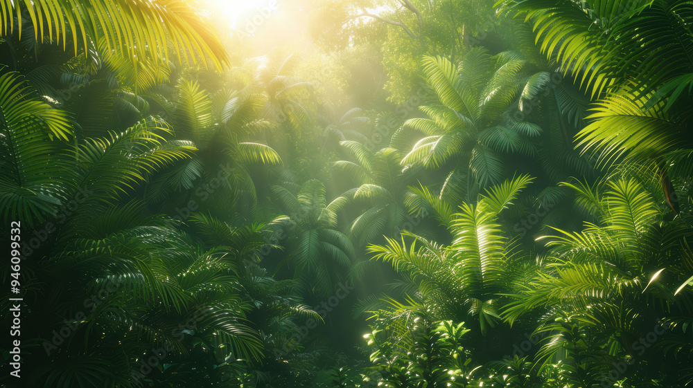 A lush green jungle with sunlight shining through the trees. Concept of tranquility and serenity, as the dense foliage and bright sunlight create a peaceful atmosphere A lush green jungle with sunlight shining through the trees. Concept of tranquility and serenity, as the dense foliage and bright sunlight create a peaceful atmosphere