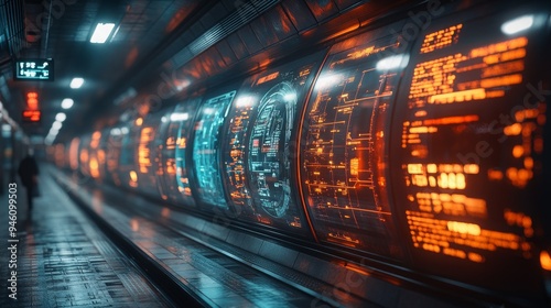 A person walks through a modern subway station featuring holographic displays of futuristic train concepts and technical data.