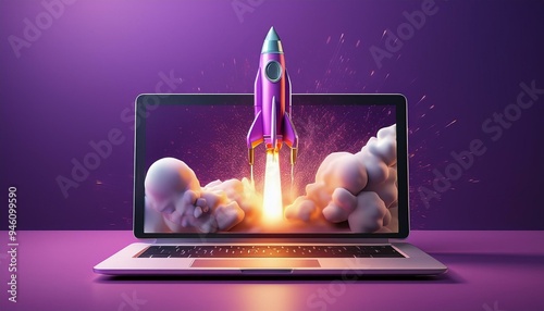 Rocket taking off from laptop screen on purple background, startup concept, Generative AI