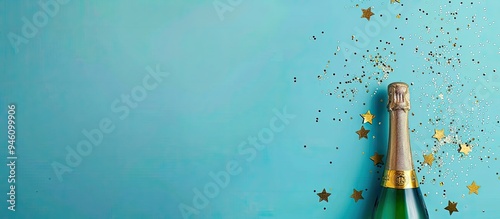 Golden star confetti is scattered alongside splashes of champagne from a glass placed on a blue background This represents the celebration of Christmas and New Year Empty copy space flat lay featurin photo