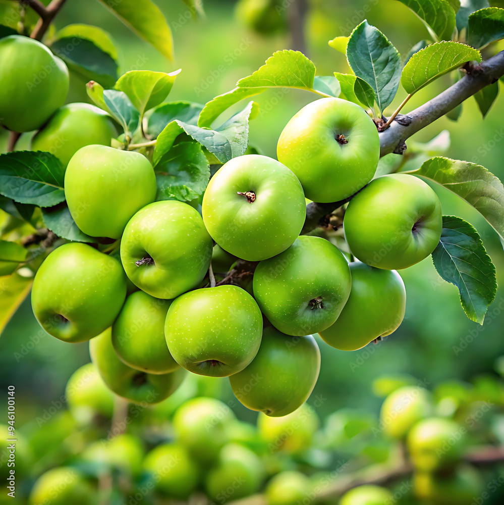 Green apples with branch in garden Green apples with branch in garden