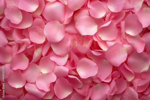 Close-up of pink rose petals texture in various shapes and sizes on a soft pink background. Minimalist floral design suitable for wedding decorations, Valentine Day themes.
