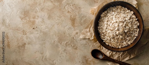 Uncooked oatmeal in a wooden bowl with a spoon on a kraft paper background Top view Copyspace empty area for text