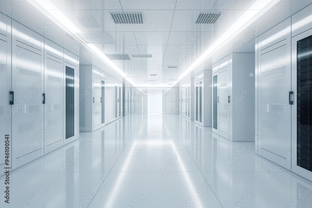 Fototapeta premium Modern server room interior design with rows of high-tech servers, computers. Bright, minimalist aesthetic create clean, efficient work environment. Data storage, cloud computing solutions on display.