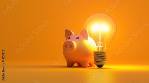 Illustration of a piggy bank with a glowing lightbulb on a bright orange background, leaving plenty of space for text or design elements. Simple modern design promotes saving energy and money.