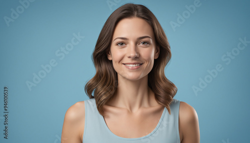 Portrait adulte femme employée souriante fond bleu entretien embauche.