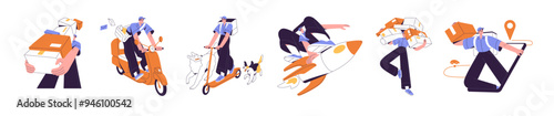 Online delivery service set. Courier delivers parcels by scooter, moped. Mailman carries letters, post envelopes. Deliveryman with boxes. Logistic concept. Flat isolated vector illustrations on white