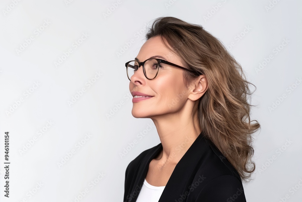 Middle-aged businesswoman with confident smile stands over white background in relaxed profile pose. Beautiful woman with glasses looks to side, natural face expression. Middle-aged businesswoman with confident smile stands over white background in relaxed profile pose. Beautiful woman with glasses looks to side, natural face expression.