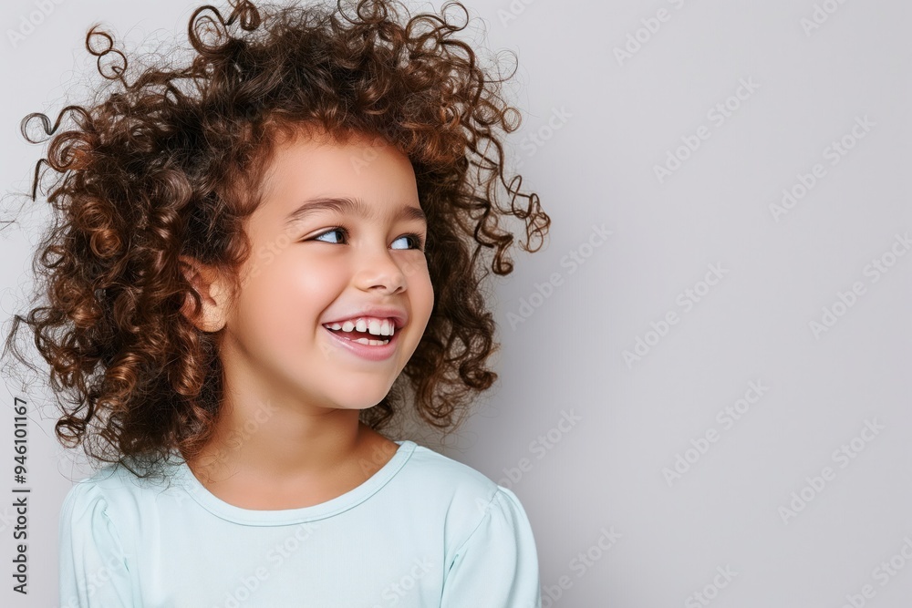 Smiling girl with curly hair wearing casual clothes looks away with happy face, natural expression. Confident, cheerful kid with joyful eyes, relaxed smile. Young girl portrait with stylish outfit, Smiling girl with curly hair wearing casual clothes looks away with happy face, natural expression. Confident, cheerful kid with joyful eyes, relaxed smile. Young girl portrait with stylish outfit,