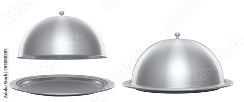 Set tray with cloche ready to serve isolated on white background. 3d render service, restaurant, horeca and first class service concept