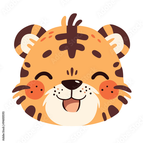 Cute tiger face, a simple flat illustration style with bright colors and a white background
