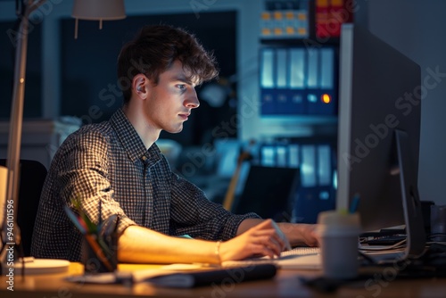 Young male employee works in office at night. Businessman sits at desk, laptop open, papers scattered. Overworked, tired, stressed, deadline to meet, report to finish.