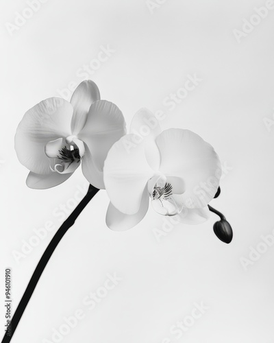 A black and white image of two white orchids.