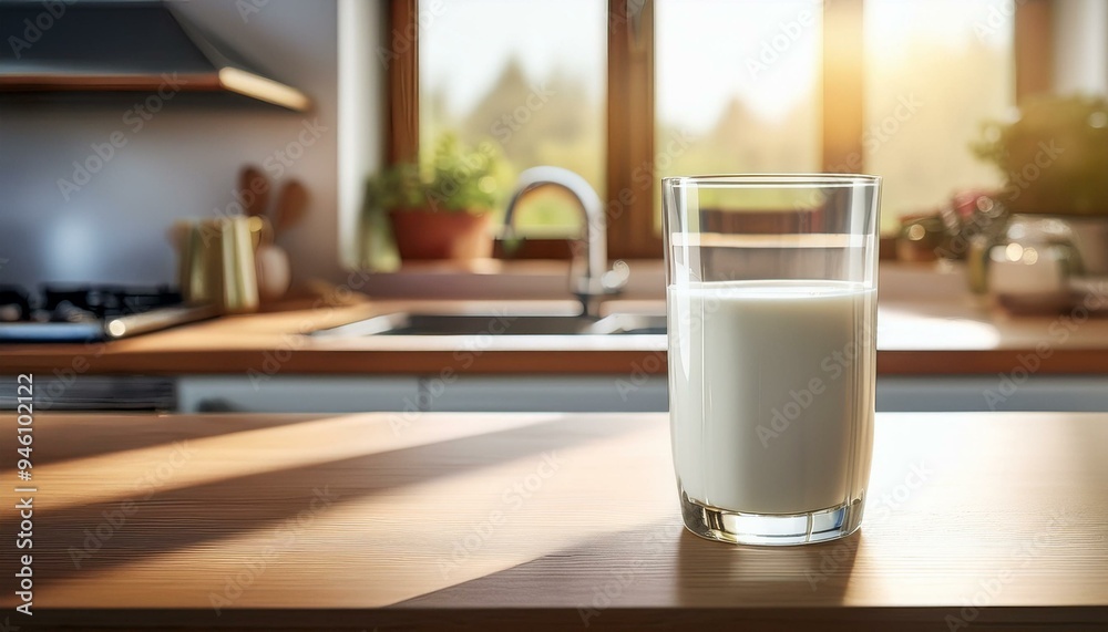 A glass full of fresh milk on the table in the kitchen, morning time A glass full of fresh milk on the table in the kitchen, morning time