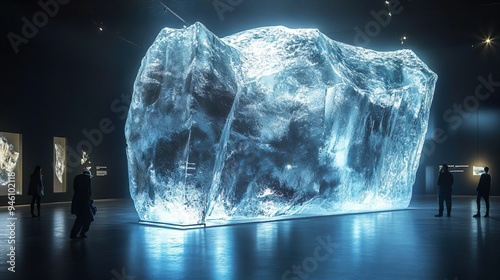 Detailed ice sculpture illuminated from within, glowing warmly in the midst of a winter wonderland