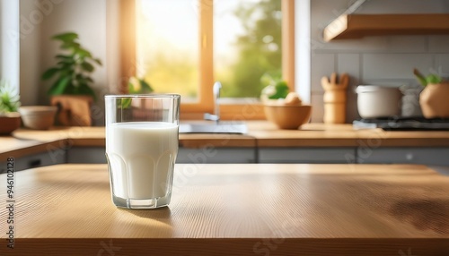 A glass full of fresh milk on the table in the kitchen, morning time 