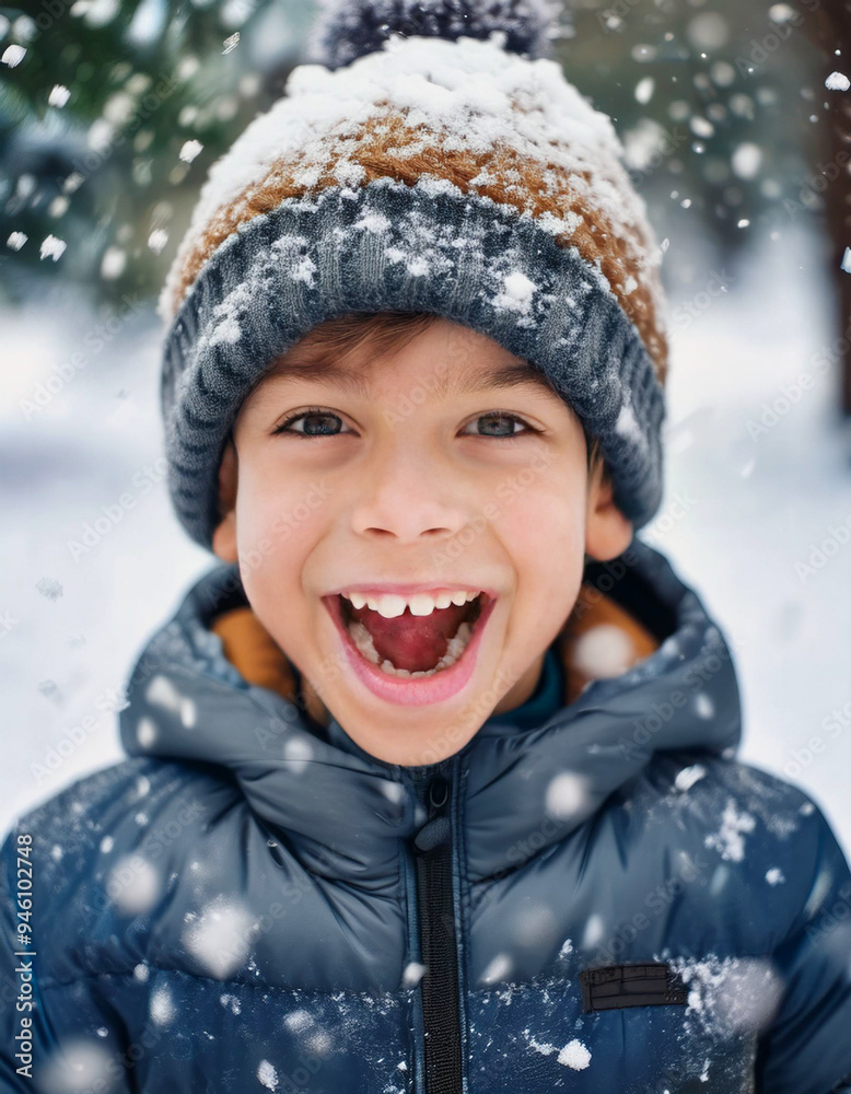 happy child boy catching snowflakes and playing on winter snowy walk in garden, seasonal outdoor activities on vacations happy child boy catching snowflakes and playing on winter snowy walk in garden, seasonal outdoor activities on vacations