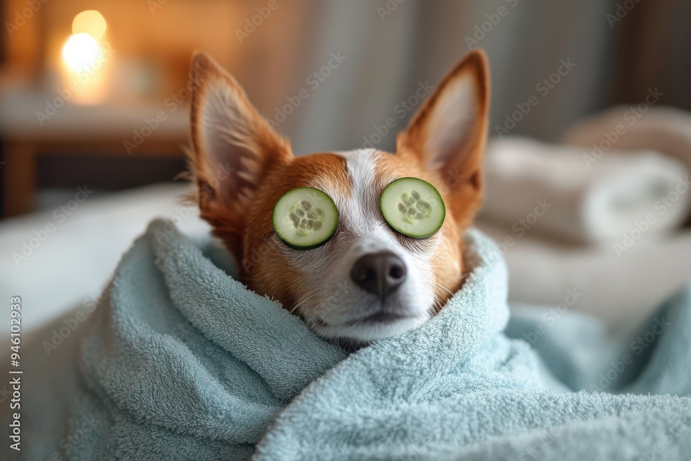 Dog Relaxing at Spa with Cucumber Eyes
Dog Relaxing at Spa with Cucumber Eyes
