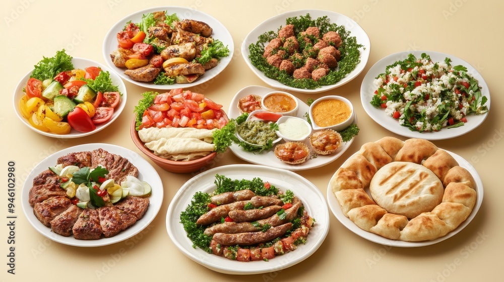 An enticing array of Arabic dishes including grilled meats, fresh salads, and stuffed pastries arranged beautifully for sharing An enticing array of Arabic dishes including grilled meats, fresh salads, and stuffed pastries arranged beautifully for sharing
