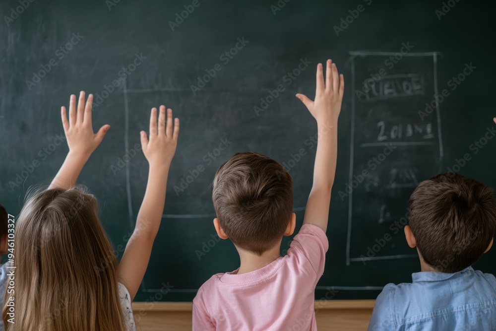 Spanish Language Celebration: A classroom setting where children are learning Spanish, with the teacher writing on a chalkboard and students raising their hands