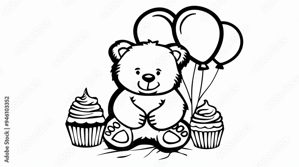 Cute teddy bear with balloons and cupcakes Cute teddy bear with balloons and cupcakes