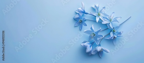 Delicate and beautiful Scilla siberica flowers on a blue paper backdrop for a spring themed design Spring backdrop featuring blue flowers with copyspace for text photo